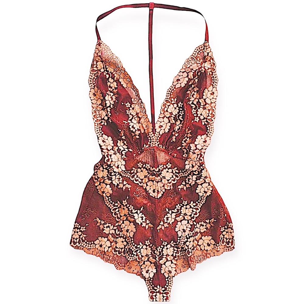 Ingrid Plunging V-Neck Floral Lace Mesh Bodysuit